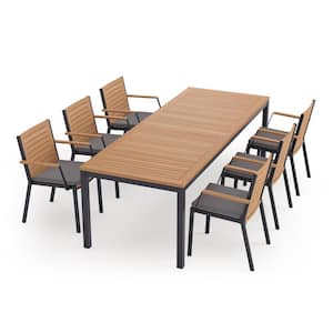 Monterey 7 Piece Aluminum Teak Outdoor Patio Dining Set in Cast Slate Cushions with 96 in. Table