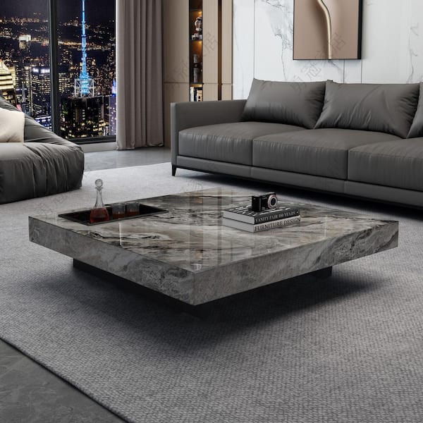 JASIWAY Brown 39.37 in. Square Rock Plate Stone Top Coffee Table J
