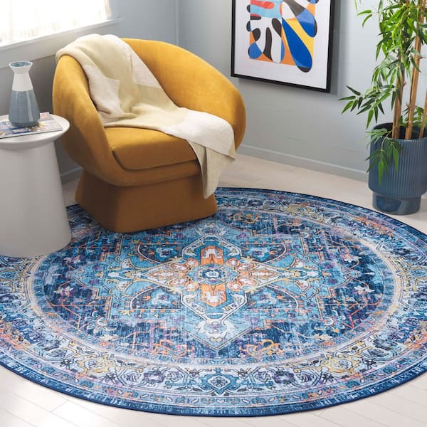 Orlando 7 ft. x 7 ft. Round Light Blue/Navy Vintage Distressed Medallion Washable Area Rug