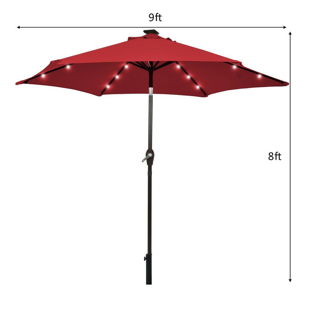 Dark Red 9 ft. Solar LED Lighted Market Patio Umbrella with Crank Lift