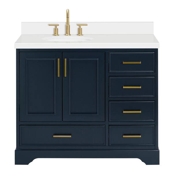 ARIEL Stafford 43 in. W x 22 in. D x 36 in. H Left Single Sink Bath Vanity in Midnight Blue with Pure White Quartz Top