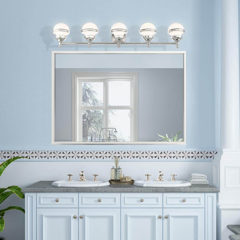 Oldwick Sleek 5-Light Polished Chrome Vanity with Satin Opal Glass