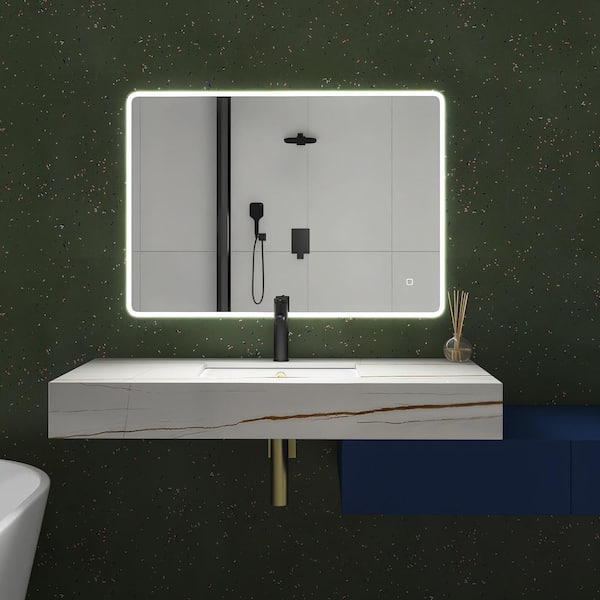 grossag 40 in. W x 28 in. H Rectangular Frameless Dimmable Bluetooth Anti-Fog Wall Mounted Bathroom Vanity Mirror in Silver