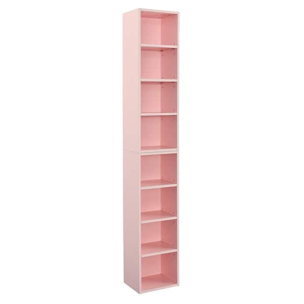 Otryad 8-Cube Media Storage Tower Rack, Freestanding Accent Bookcase Display Cabinet with Adjustable Shelves in Pink