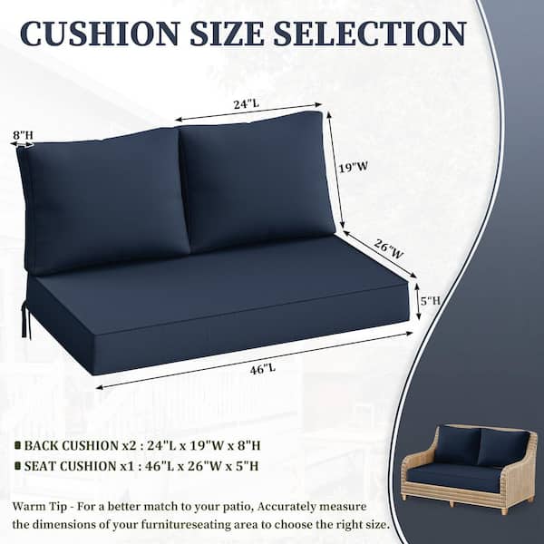 46 in. x 26 in. x 5 in. Outdoor Patio Replacement Loveseat Sofa Cushion Set with Backrest Navy