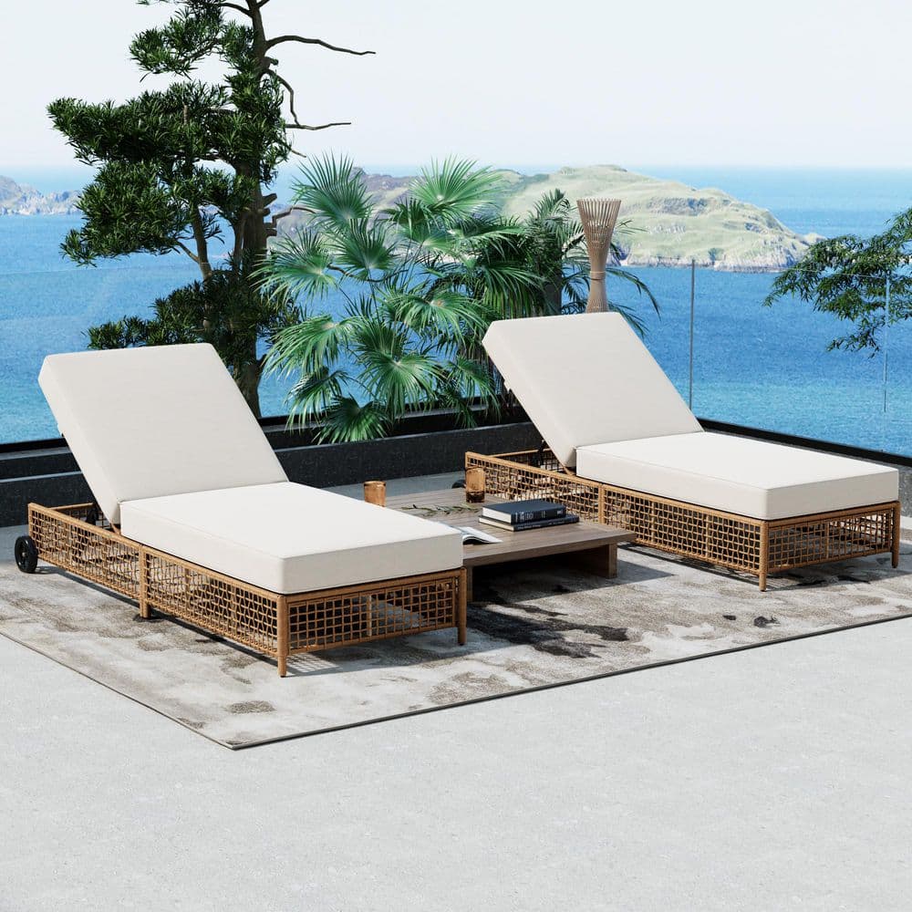 Natural Metal Outdoor Chaise Lounge of 2 with Wheels and Beige Cushions