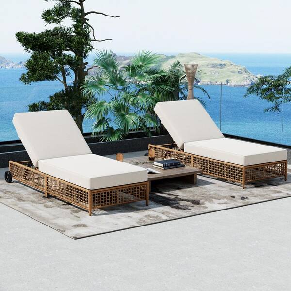 Unbranded Natural Metal Outdoor Chaise Lounge of 2 with Wheels and Beige Cushions
