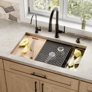 QUWS-880 Quartz/Granite 32-1/2 in. Double Bowl Undermount Workstation Kitchen Sink in Brown