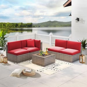 5-Piece Wicker Patio Conversation Set with Red Cushions Outdoor Sectional Sofa Set with Coffee Table