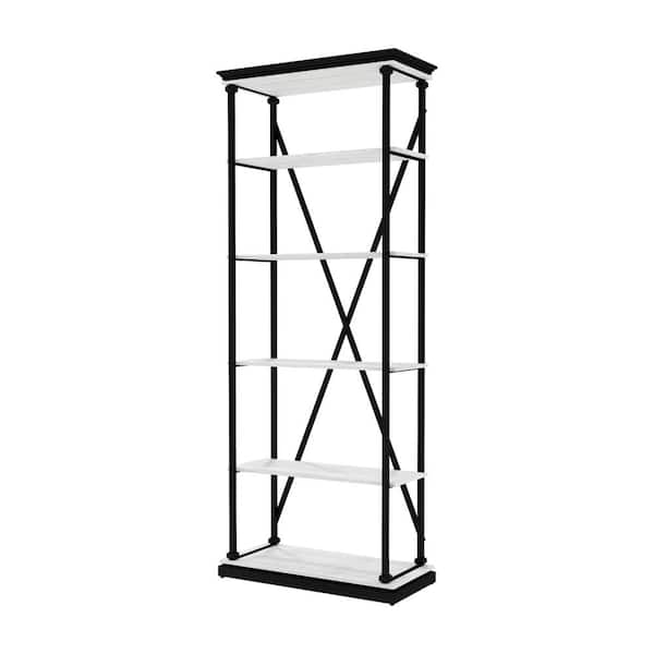 Furniture of America Blue River 33.88 in. W x 84.25 in. H Antique White and Black 5-Shelf Standard Bookcase