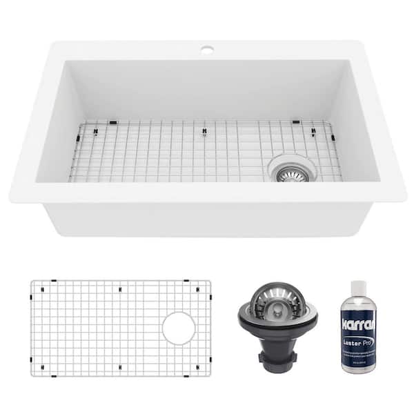 QT-670 Quartz/Granite 33 in. Single Bowl Top Mount Drop-In Kitchen Sink in White with Bottom Grid and Strainer