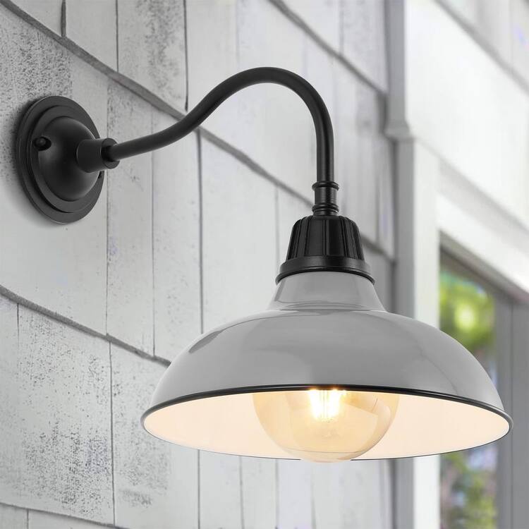 JONATHAN Y Aurora 12.25 in. Gray 1-Light Farmhouse Industrial Indoor/Outdoor Iron LED Gooseneck Arm Outdoor Sconce