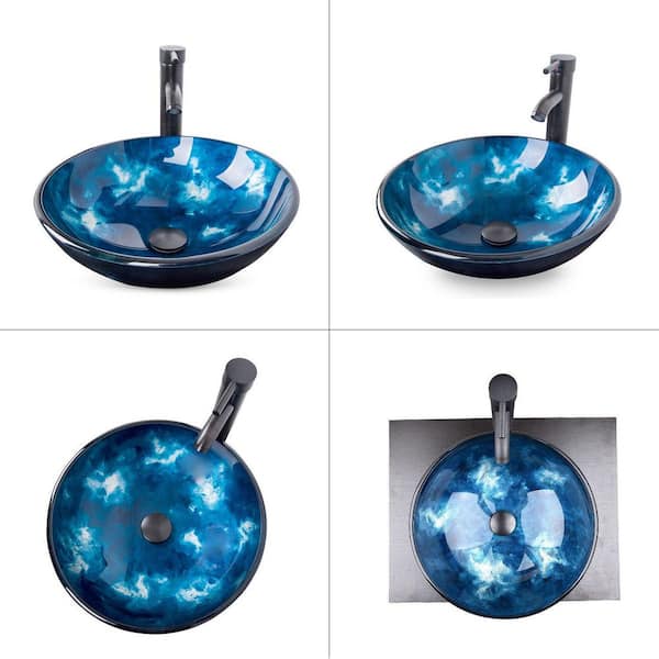 Dark Blue Tempered Glass Circular Vessel Sink Waterfall Faucet Set Pop-Up  Drain Included