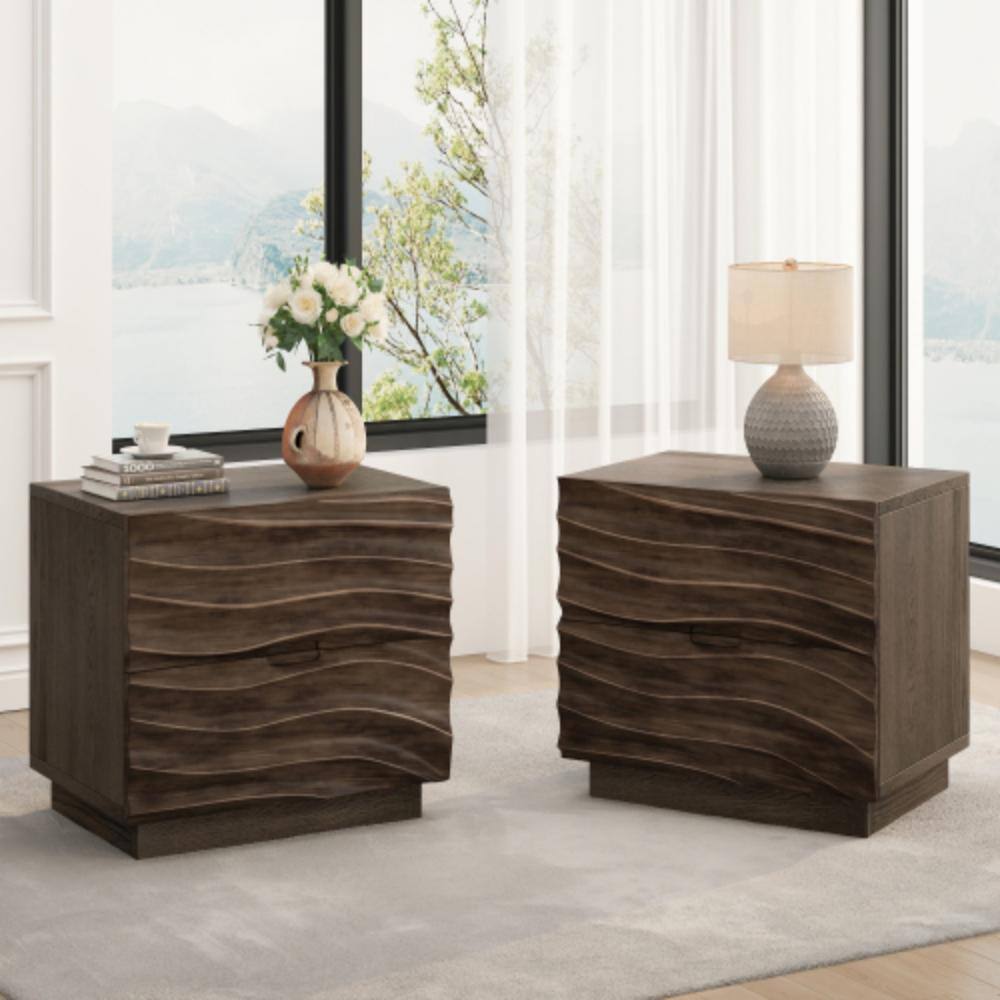 Solid Wood Nightstand Set of 2 with 2 Drawers, Handleless Design, Brown Bedside End Table for Bedroom