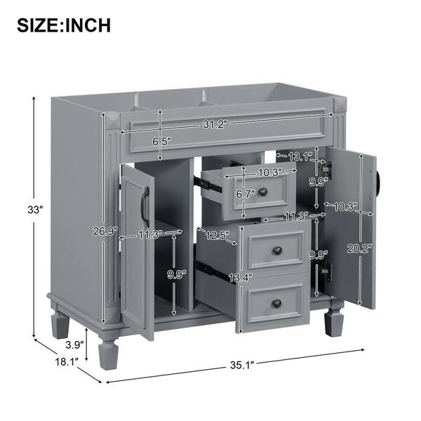 FUNKOL 35.9 x 17.9 x 34 In. Gray Vertical Bathroom Cabinet with 2 Drawers and 2 Soft Close Doors, Top Sink Not Included