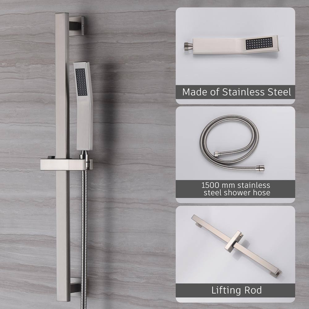 Brushed Nickel Wall-Mounted Square Rain Shower System with Handheld Spray
