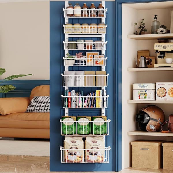 8-Tier Over Door Organizer with Adjustable Baskets Metal Hanging Spice Rack for Kitchen Laundry Bathroom White