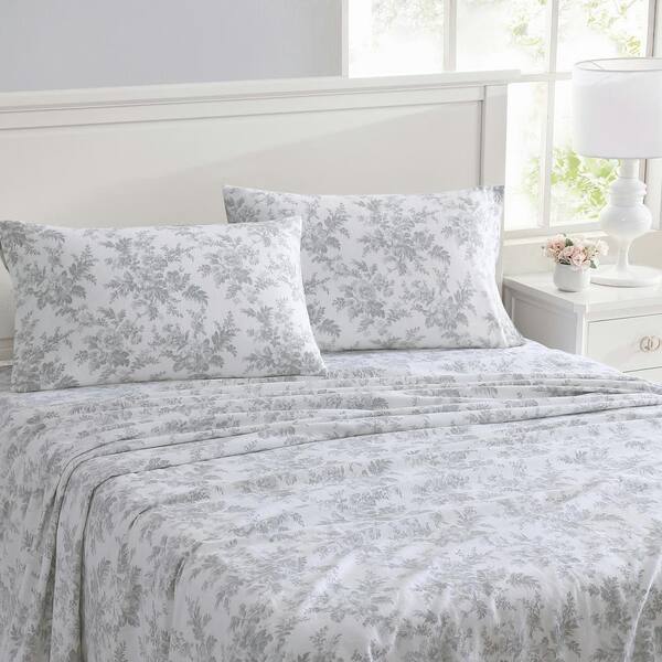 Laura Ashley Vanessa 4-Piece Grey Cotton Flannel Queen Sheet Set