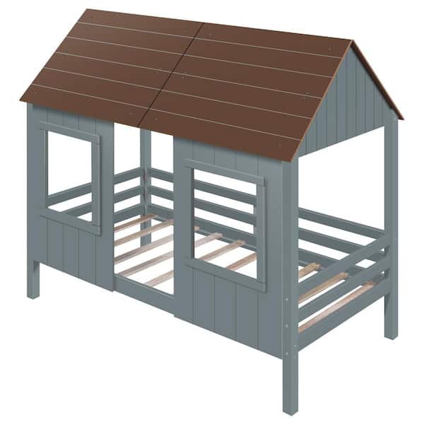 JASMODER 42.5 in. W Bluish Gray Twin Low Loft Wood House Bed with 2-Front Windows