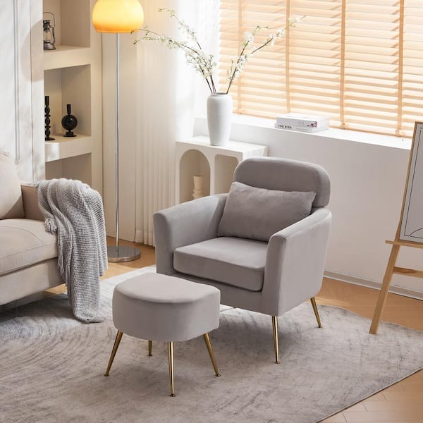 Karl home Light Grey Velvet Arm Chair with Ottoman