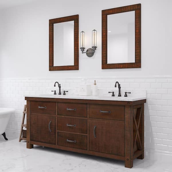Water Creation Aberdeen 72 in. W x 22 in. D Vanity in Rustic Sienna with Marble Vanity Top in White with White Basin and Mirror