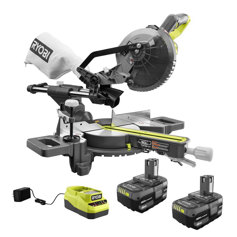 RYOBI ONE+ 18V Cordless 7-1/4 in. Sliding Compound with (2) 4.0 Ah  Batteries and Charger PBT01B-PSK006 The Home Depot