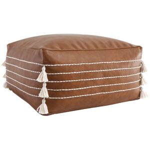 Pouf Brown Faux Leather Yarn Embroidery Square Vegan with Tassels (24 in. L x 24 in. W x 12 in. H)