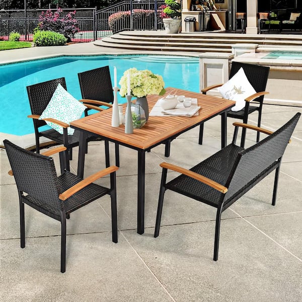 6PCS Rattan Outdoor Dining Set Patio Furniture Set w/Wooden Tabletop