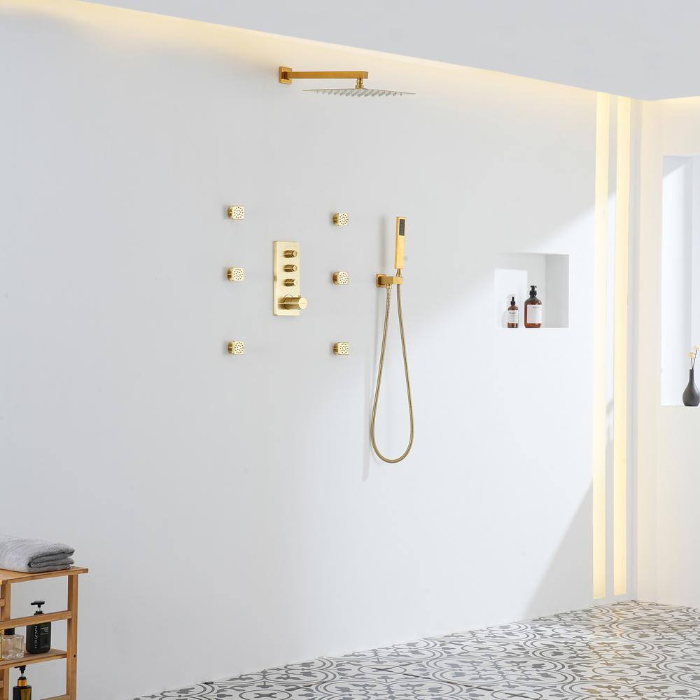 Brushed Gold Dual Square Wall Mount Shower System with Handheld