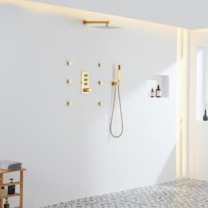 Thermostatic 12 in. 1-Spray Dual Wall Mount Fixed and Handheld Shower Head 1.8 GPM with 6 Body Jets in Brushed Gold