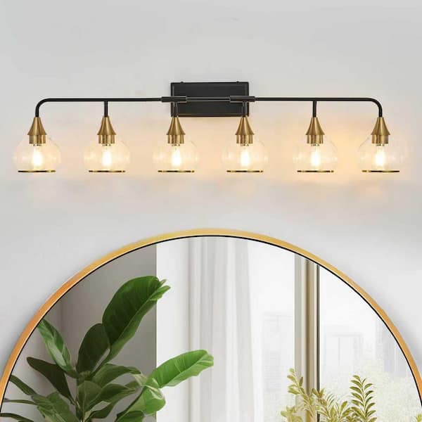GMGSROM 48 in. 6-Light Matte Black and Gold Modern Vanity Light with Clear Glass Shade