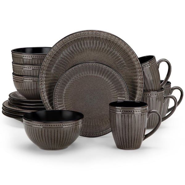 16-Piece Dark Brown Porcelain Dinnerware Set Service for 4-Bowls and Plates Dinner Set Embossed Dots Pattern Tableware