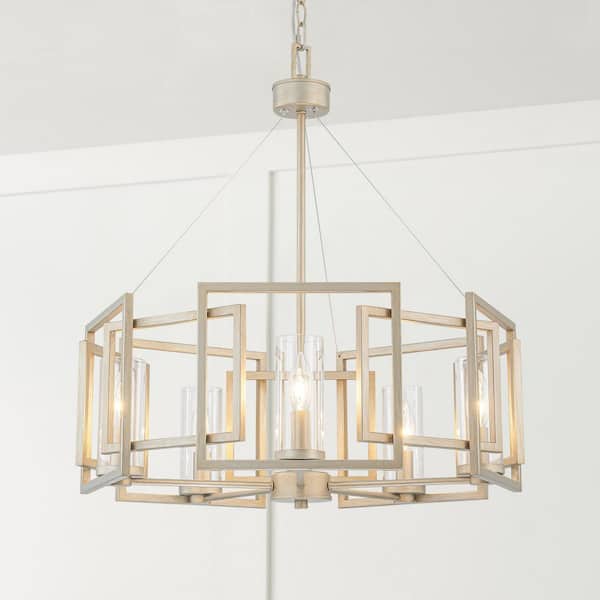 Mackenzie 5-Light Industrial Vintage Brushed Champagne Gold Drum Large Chandelier with Clear Glass Shade