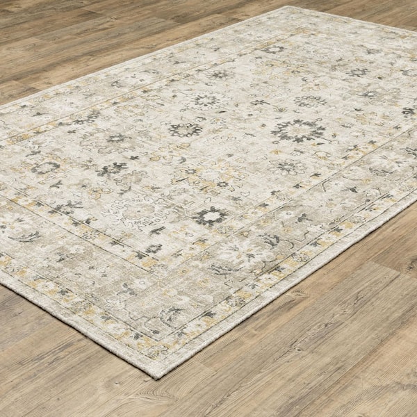 Wingate Beige/Gold 8 ft. x 10 ft. Oriental Floral Distressed Hand-Loomed Viscose-Wool Blend Indoor Area Rug