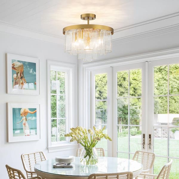 Hielo 15.7 in. W Farmhouse Gold Chandelier 5- Light Water Rippe Glass Flush Mount Close to Ceiling Light for Dining Room
