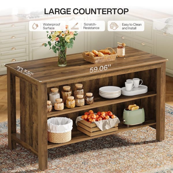 BYBLIGHT Keenyah Brown Wood 59 in. Kitchen Island with Storage