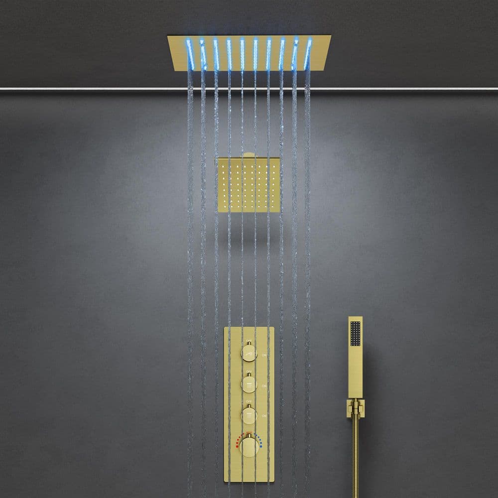 GRANDJOY 12 in. Mood Light Quadruple Handles 3-Spray Shower Faucet