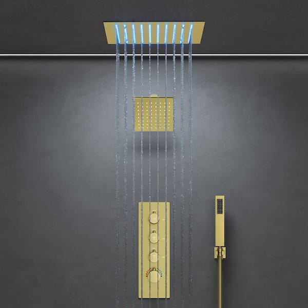 12 in. Mood Light Quadruple Handles 3-Spray Shower Faucet 2.5 GPM with LED, Anti Scald in Brushed Gold