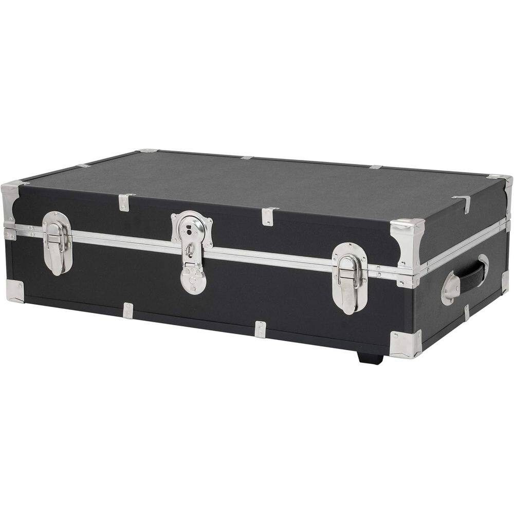 Black storage trunk with silver hardware, three-quarter view.