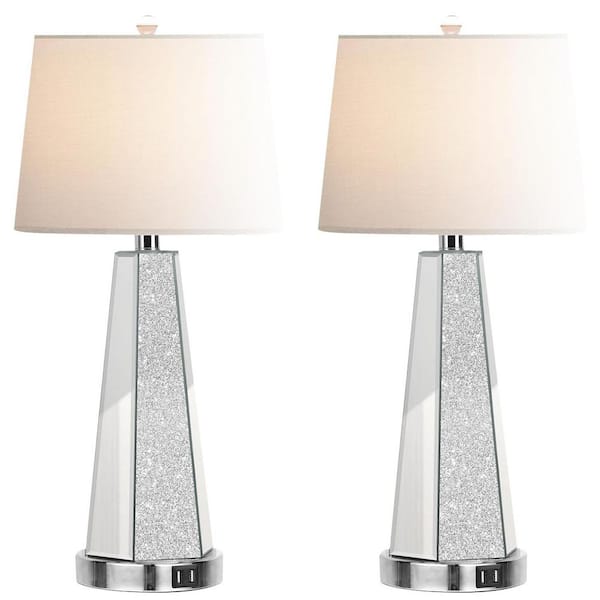 26.5 in. Mirrored Glass Table Lamps (Set of 2), Modern Silver Tall Bedside Lamps with 2 USB Ports for Living Room Decor