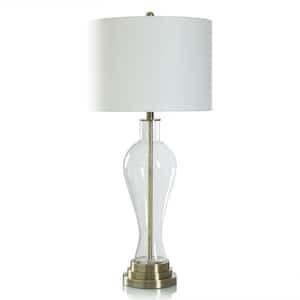 34.75 in. Clear Seeded Table Lamp Brass Gourd Task and Reading Table Lamp for Living Room with White Cotton Shade