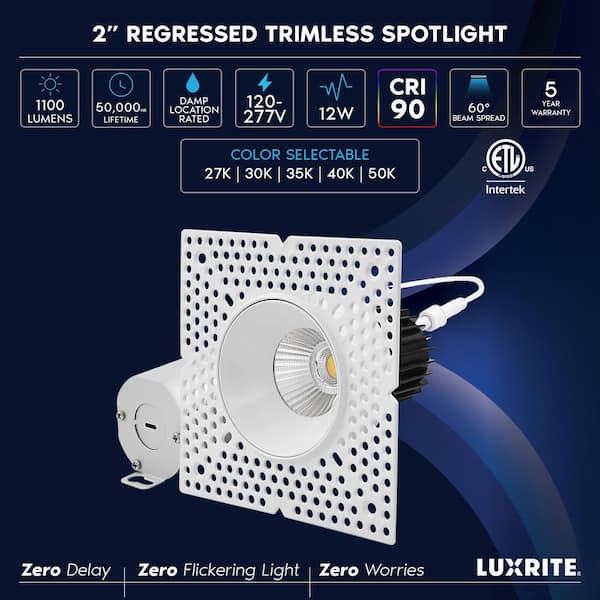 2" Integrated LED Recessed Light Push-n-Lock Trimless 12W 1100LM 5CCT 60° Dimmable Damp Rated IC Rated CRI 90 ETL Listed