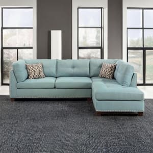 104 in. Flared Arm 3-piece Linen L-Shaped Sectional Sofa in. Teal Blue with Nail head Trim