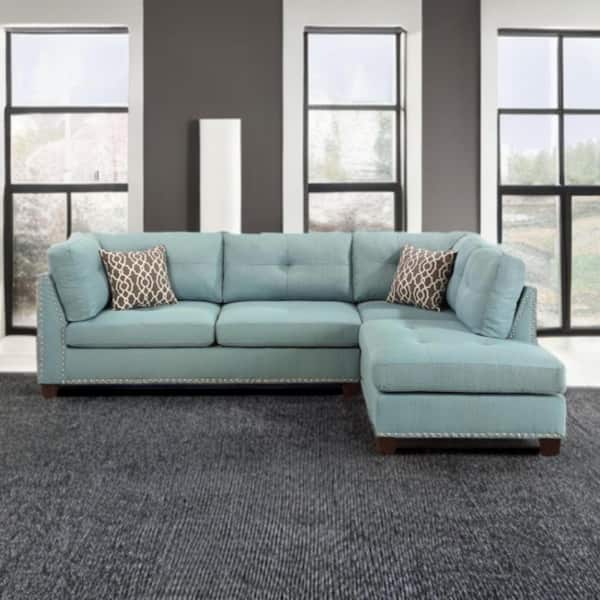 HomeRoots 104 in. Flared Arm 3-piece Linen L-Shaped Sectional Sofa in. Teal Blue with Nail head Trim