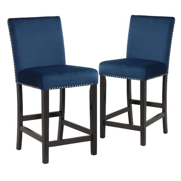 Benjara 34.25 in. Blue Low Back Wood Frame Counter Height Stool Chair with Fabric Seat (Set of 2)