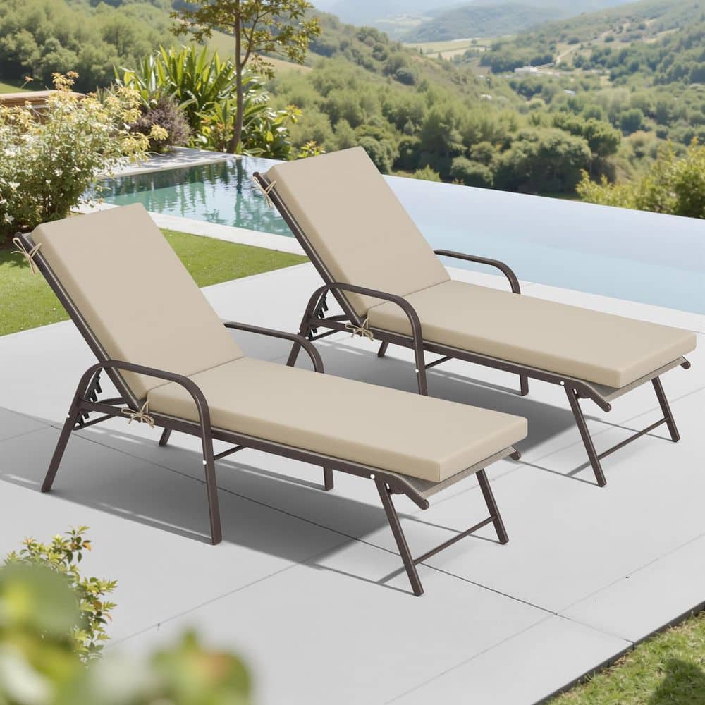 2-Piece Metal Adjustable Outdoor Chaise Lounge in Beige with Sunbrella Patio Cushions in Canvas Antique Beige price history on PriceWatchPro