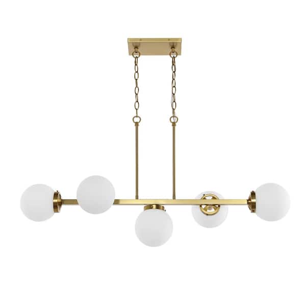 WINGBO 5-Light Brass Modern Chandelier, Sputnik Pedant Light Fixture with Large Opal White Glass Globe Shade