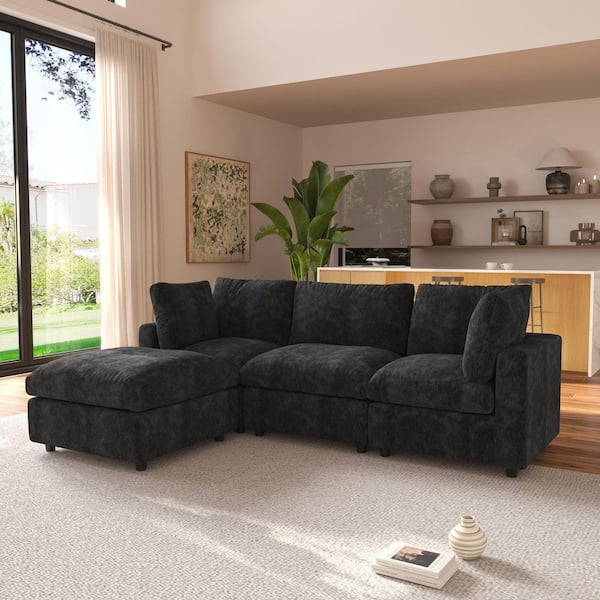 100.5 in. Square Arm Chenille 6-piece L-Shaped Free Combination Sectional Sofa with Ottoman in. Black For Living Room