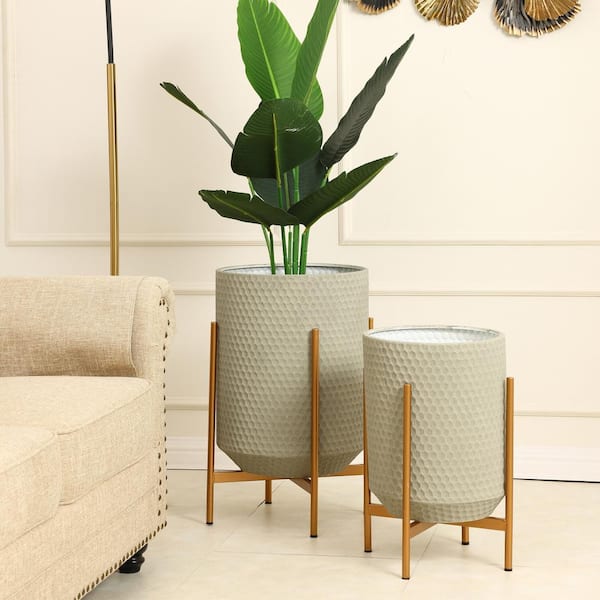Gray Honeycomb Metal Cachepot Planters with Gold Stands (Set of 2)