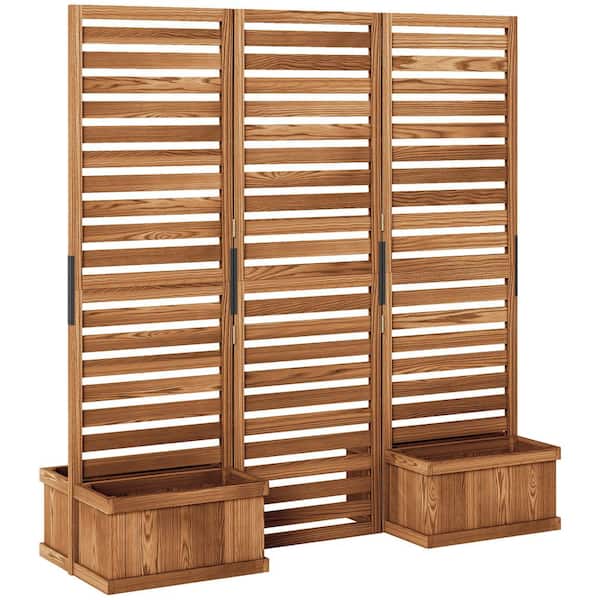 Wooden Privacy Screen with 4 Planter Box, Flower Pot Vegetable Raised Bed with 3 Panels and Drainage Holes